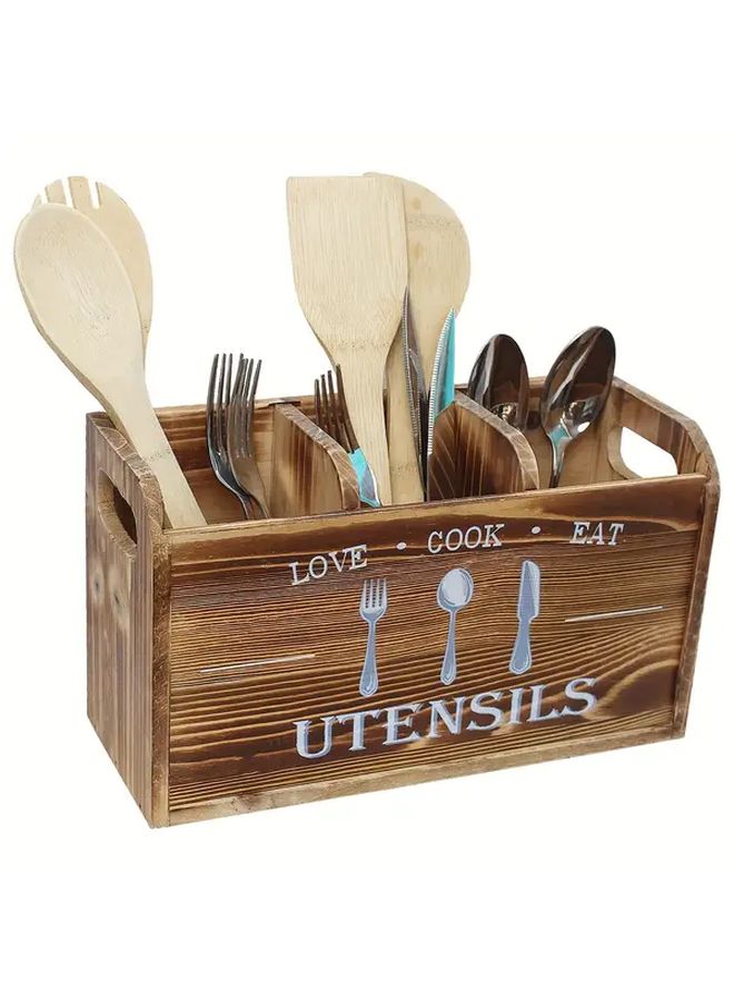 Baked Color Distressed Wooden Utensil Organizer Box With Cook Eat Design - Image 1